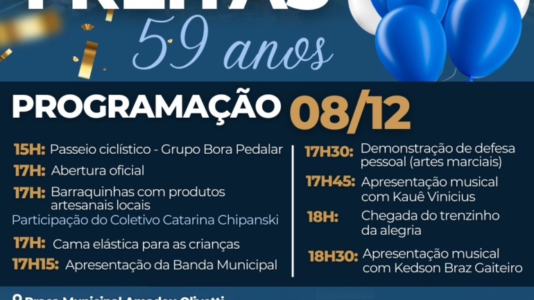 Confira o cronograma das atividades em comemoração ao aniversário de 59 anos de Paula Freitas! 🥳🎉