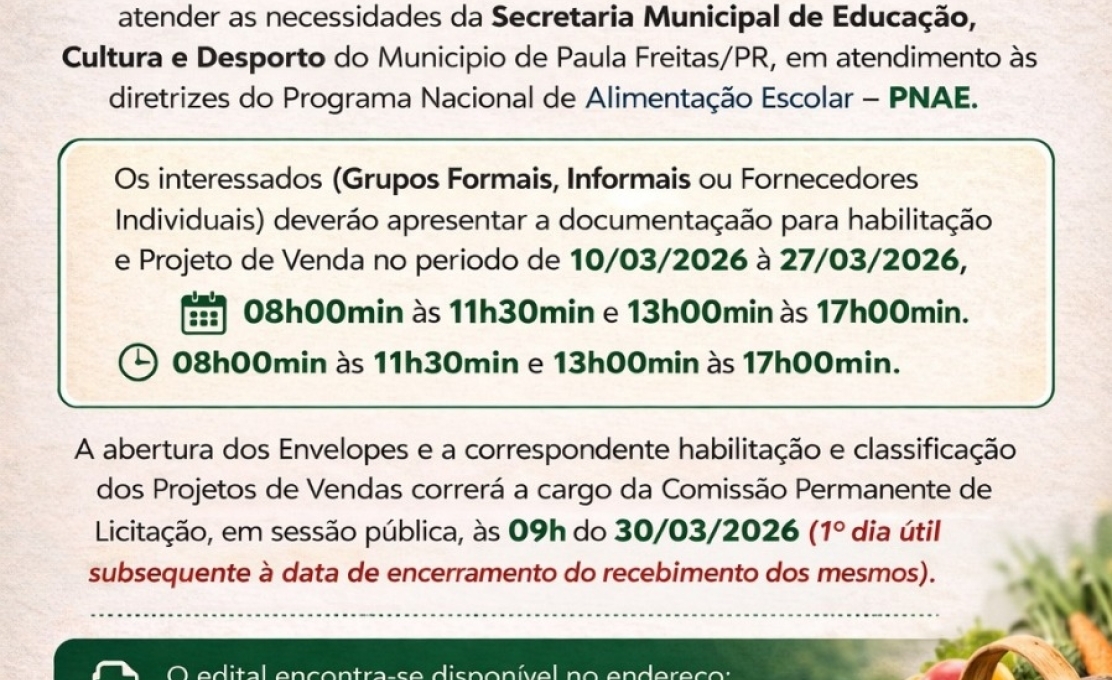 Licitação para aquisição de gêneros alimentícios da Agricultura Familiar